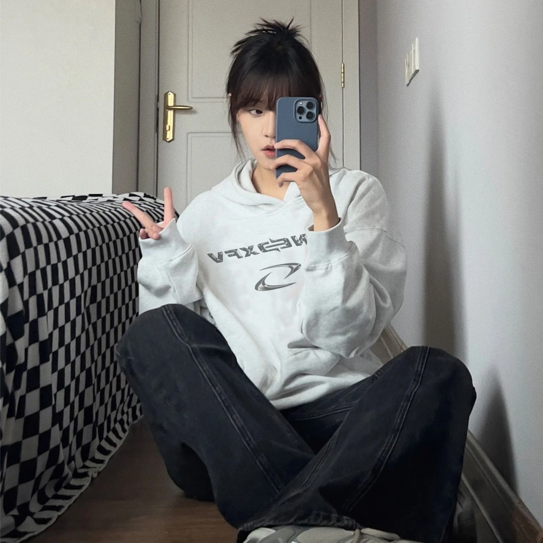 ATZA美式加绒潮牌印花字母卫衣女情侣连帽宽松oversize设计感外套