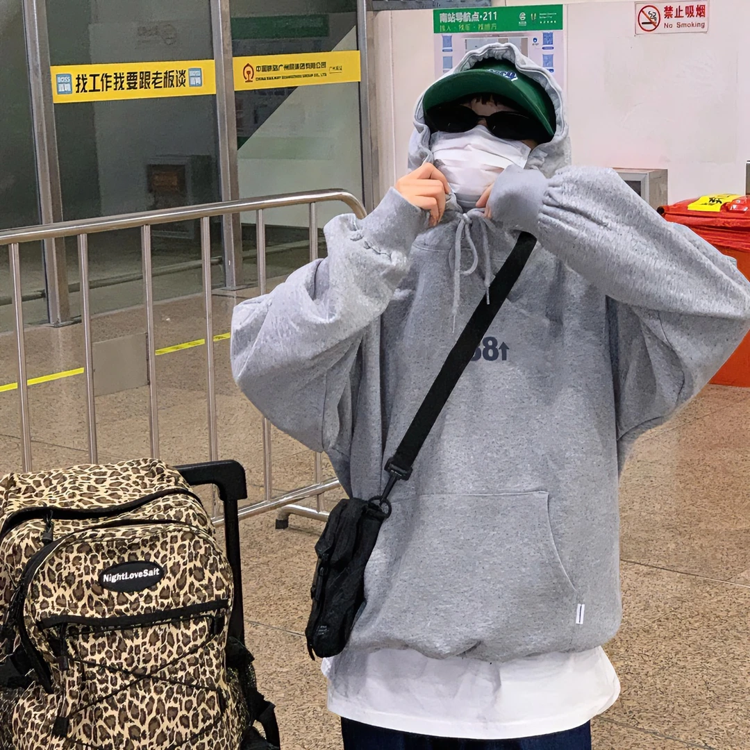 ATZA连帽浅灰色情侣卫衣秋冬款简约韩版宽松oversize小众高街潮牌