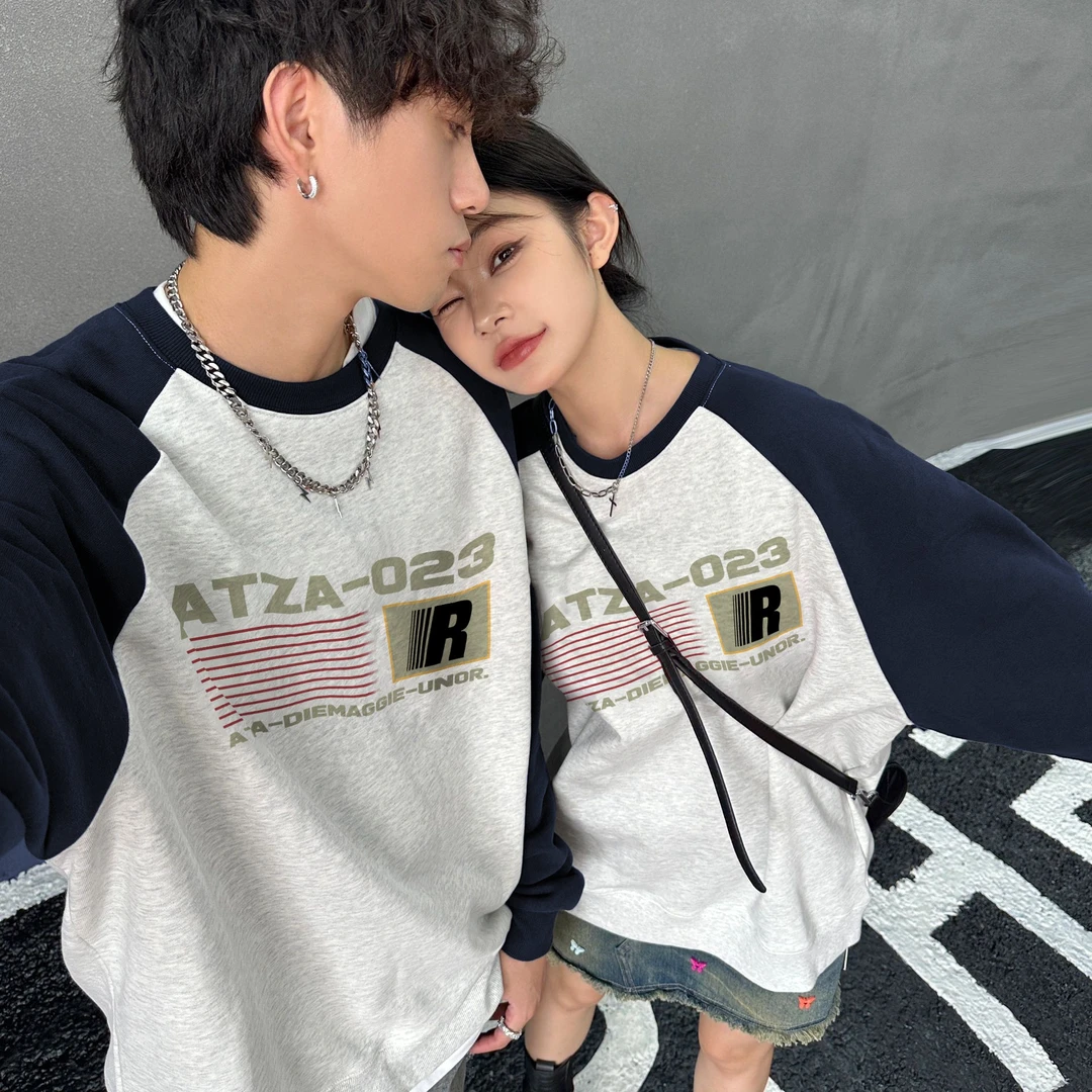 ATZA美式潮牌高级字母印花拼接圆领卫衣情侣秋冬季高街风插肩上衣