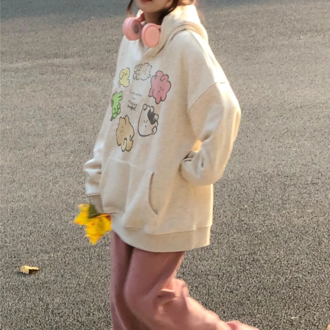 ATZA灰色潮牌宽松落肩卫衣女秋冬爆款印花学生宽松oversize上衣