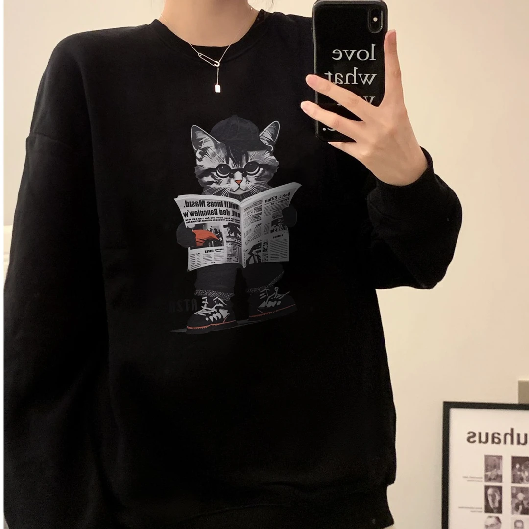 ATZA美式复古原宿风圆领卫衣女秋冬大码胖mm街头嘻哈宽松显瘦上衣