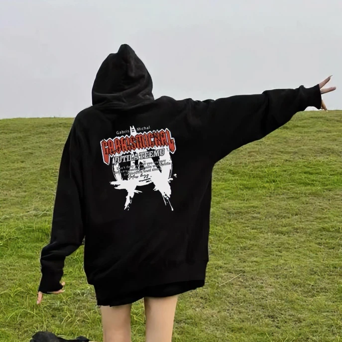 ATZA欧美式嘻哈高街痞帅字母印花长袖连帽卫衣女秋季潮牌情侣外套