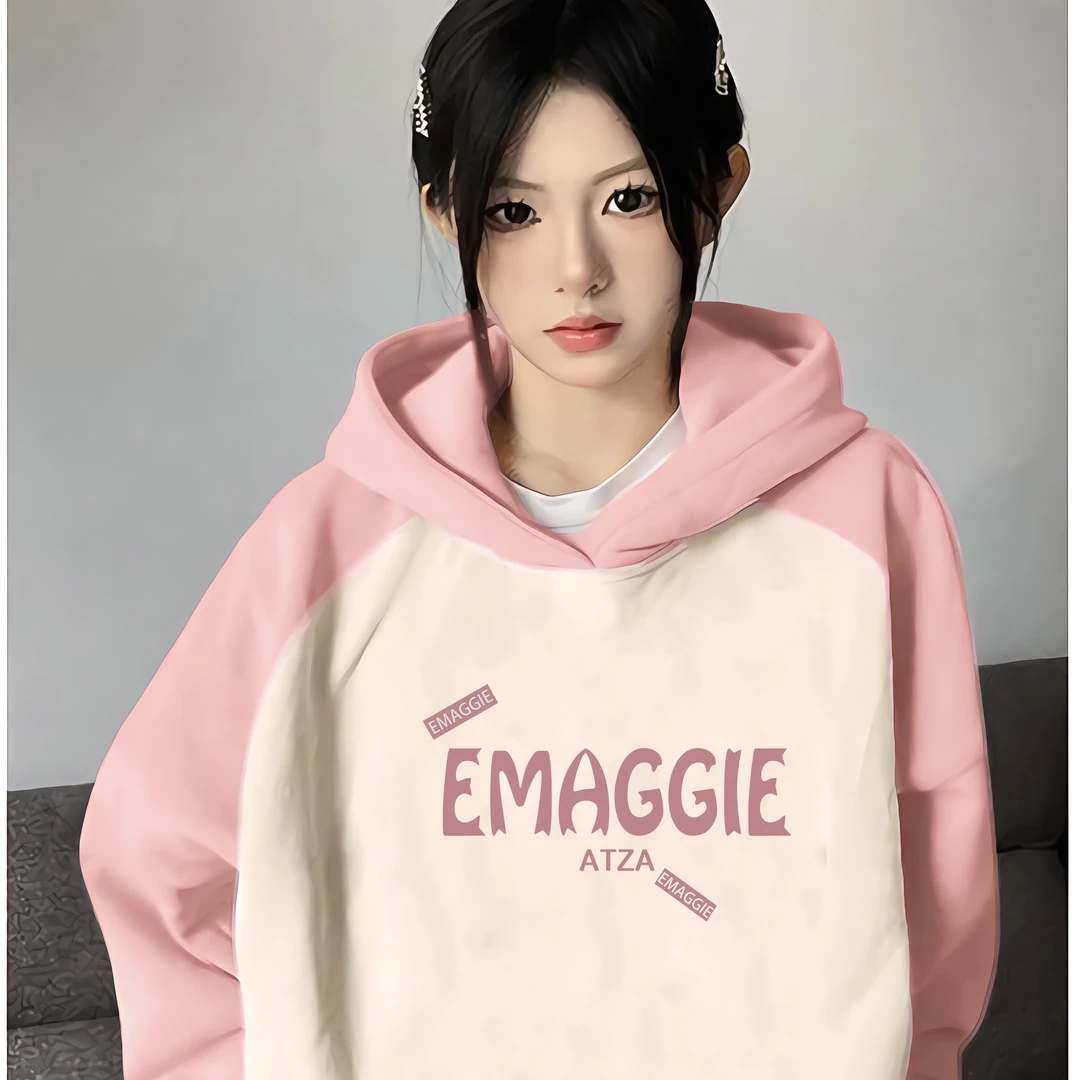 ATZA粉拼杏插肩拼色连帽卫衣撞色上衣oversize印花宽松百搭学生ol
