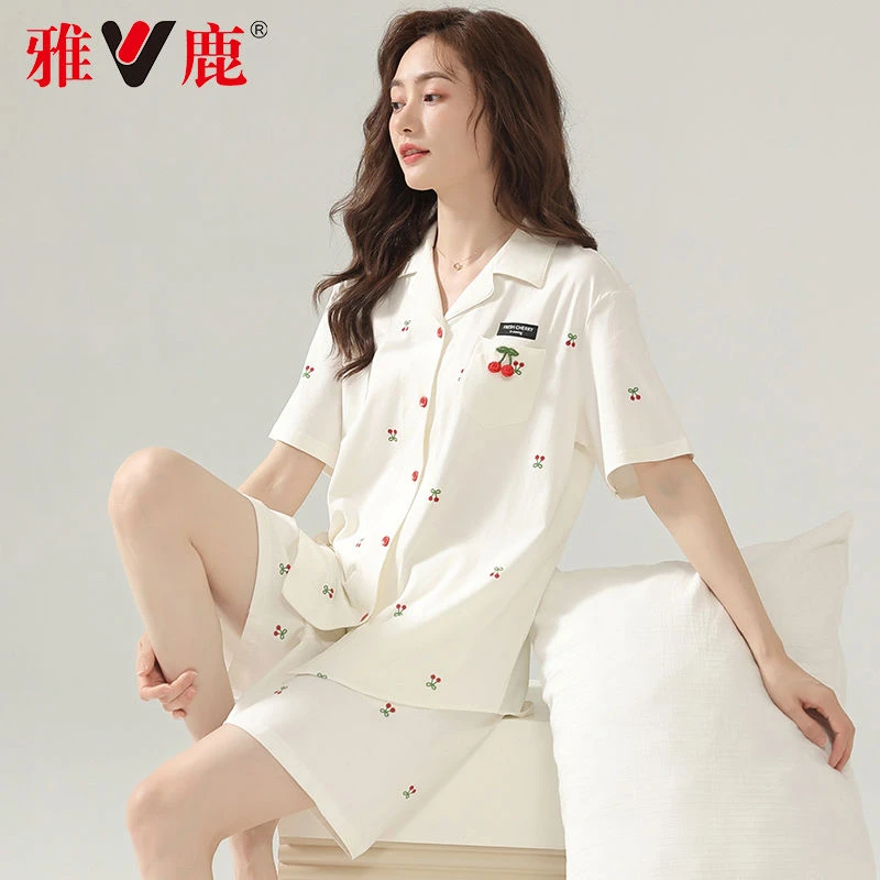 雅鹿睡衣女纯棉短袖夏季薄款套装少女甜美可爱休闲全棉开衫家居服