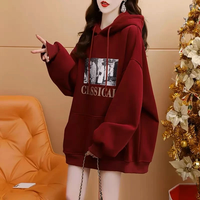 加厚秋冬oversize加绒连帽宽松休闲百搭红色减龄中长款卫衣女潮牌