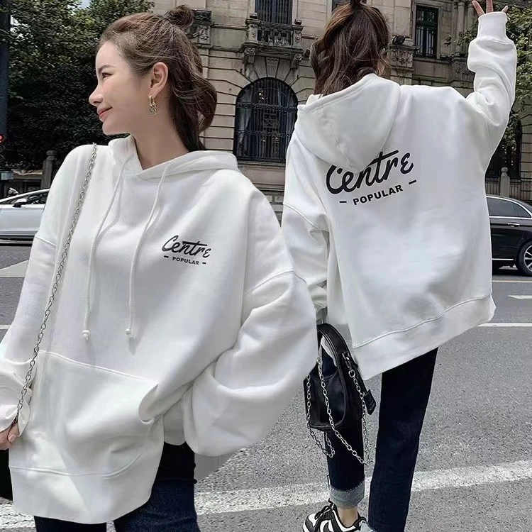 加绒白色连帽卫衣女宽松2023新款爆款韩版春秋季百搭字母纯棉上衣