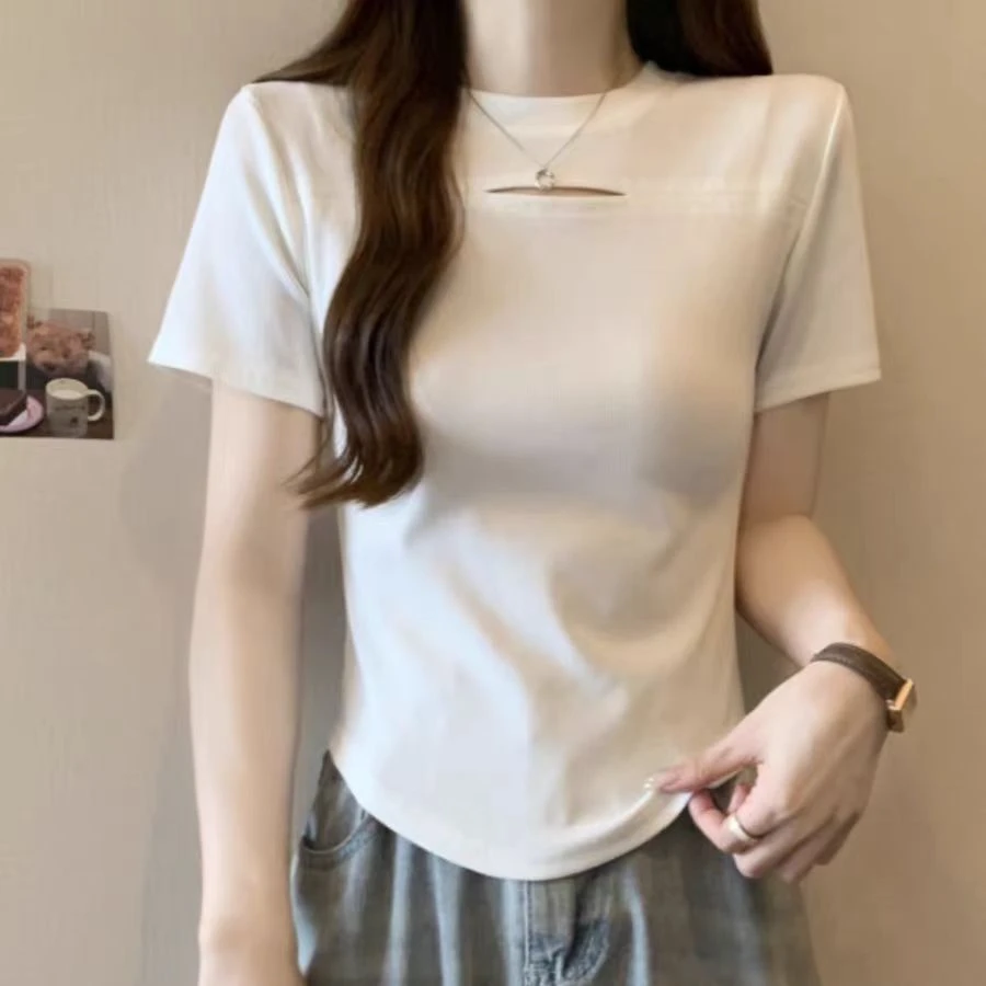 镂空打底衫t恤显瘦春夏季不规则修身韩版纯色半袖百搭短款设计感