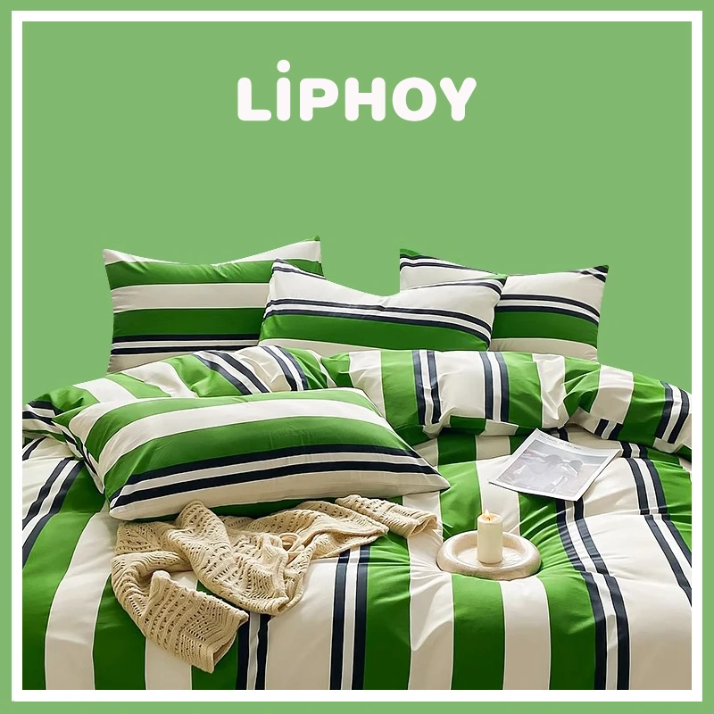 韩国LIPHOY四件套时尚线条绿色ins床单床笠宿舍三件套床上用品