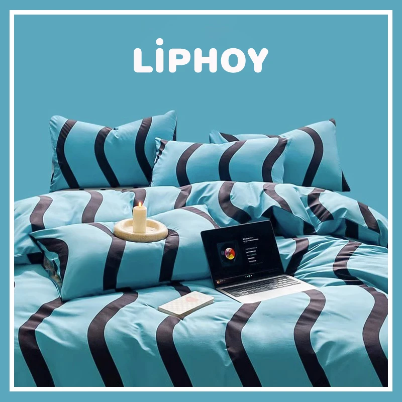韩国LIPHOY全棉四件套简约蓝色条纹小清新纯棉被套床上用品网红风