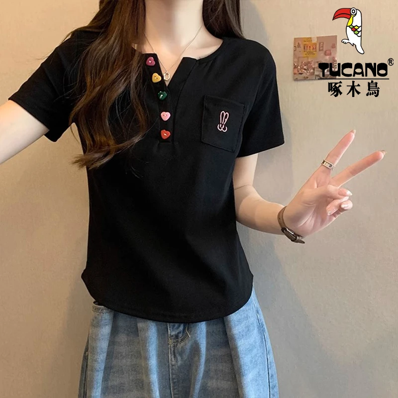 啄木鸟正肩T恤女显瘦百搭夏季女装v领洋气女士高档短袖t恤女小众