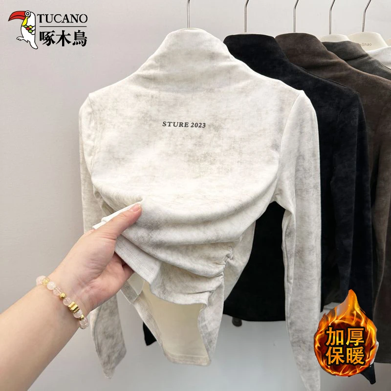 啄木鸟冬季加厚德绒打底衫女可外穿设计感修身显瘦长袖女t恤百搭
