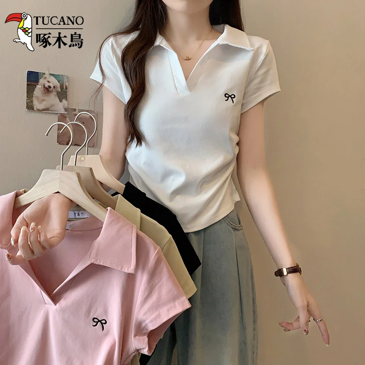 啄木鸟女装夏款Polo衫蝴蝶结刺绣短袖t恤女宽松显瘦上衣时尚百搭