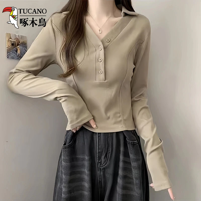 啄木鸟秋冬复古长袖t恤女设计感小众上衣时尚洋气百搭T恤显瘦春秋