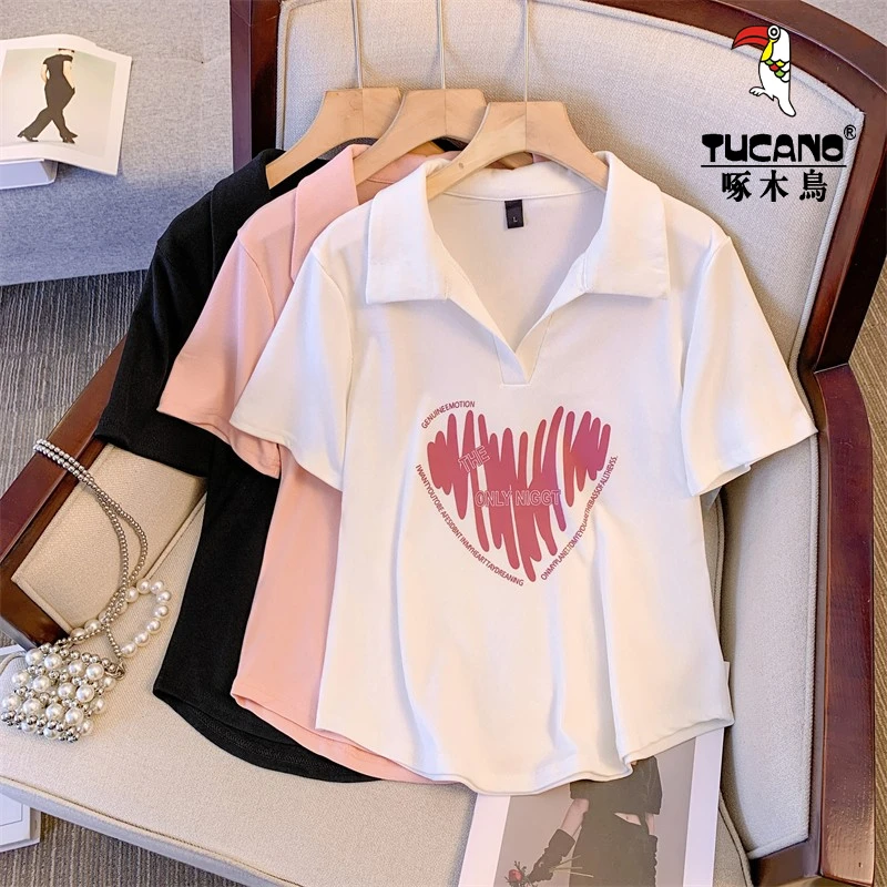 啄木鸟夏季女装polo衫女款宽松显瘦短袖t恤女创意印花短款上衣T恤