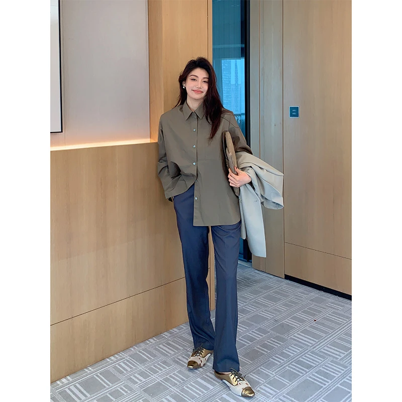 【龍喜儿定制】肯豆文艺，翻领墨绿显白长款衬衫 1244