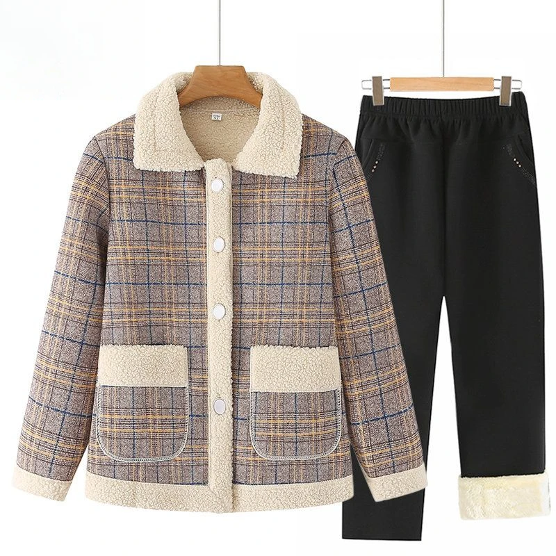 妈妈装冬装外套女加绒加厚棉衣中老年人女装冬季新款格子洋气上衣