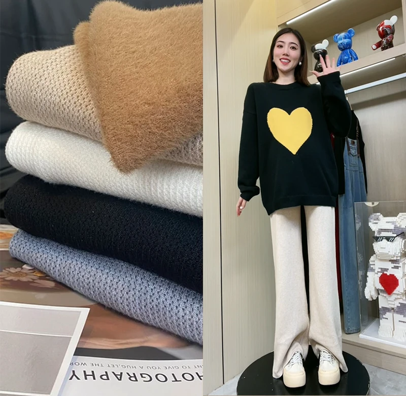 （孕期产后可穿）孕妇裤子秋冬加绒加厚针织阔腿裤显瘦百搭休闲裤子
