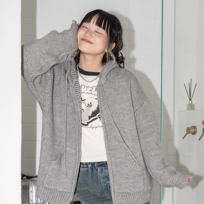 PINKDOG粉狗家 千千结针织开衫宽松慵懒秋冬拉链加厚连帽毛衣外套