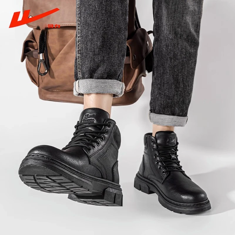 回力马丁靴男款秋季新款男士中高帮工装靴子厚底复古黑色登山皮靴