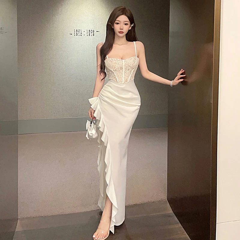 白色气质小礼服女2025夏季高级感法式蕾丝开叉性感吊带宴会长裙