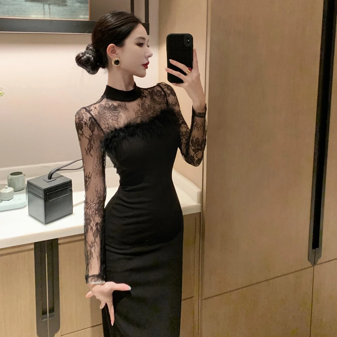 法式赫本风长袖气质连衣裙高级感名媛小众设计修身显瘦包臀礼服裙