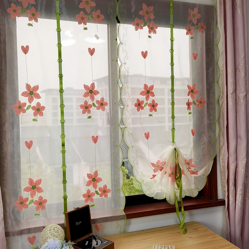 免打孔纱帘刺绣窗纱扇形罗马帘卧室飘窗大气田园加工阳台窗帘门帘