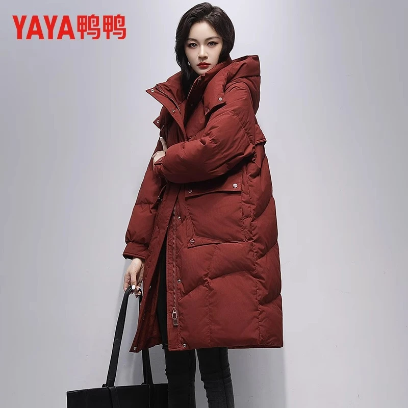 鸭鸭羽绒服女2024冬季过膝长款连帽加厚鸭绒保暖外套YE4B600775L