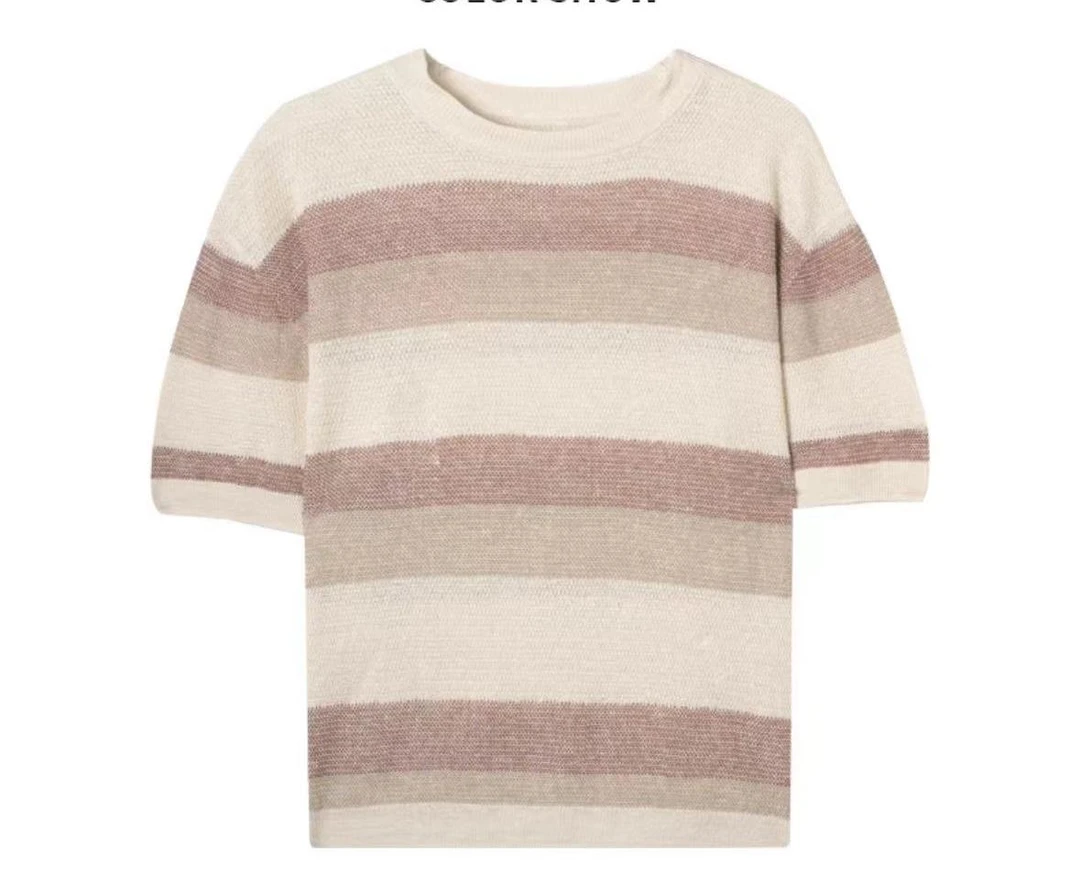 时尚拼色亚麻透气条纹圆领针织T恤52KW180N