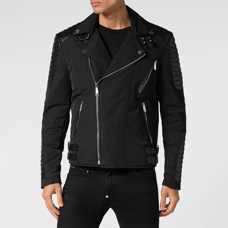 PHILIPP PLEIN 春季男士皮革拼接机车夹克
