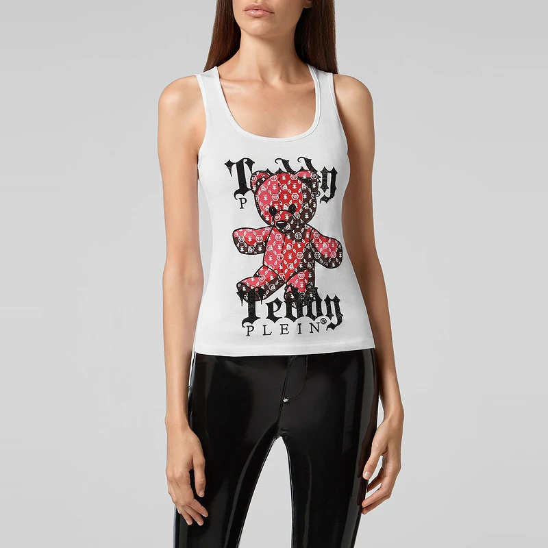 Philipp plein背心 女士泰迪熊字母图案无袖背心 菲历沛