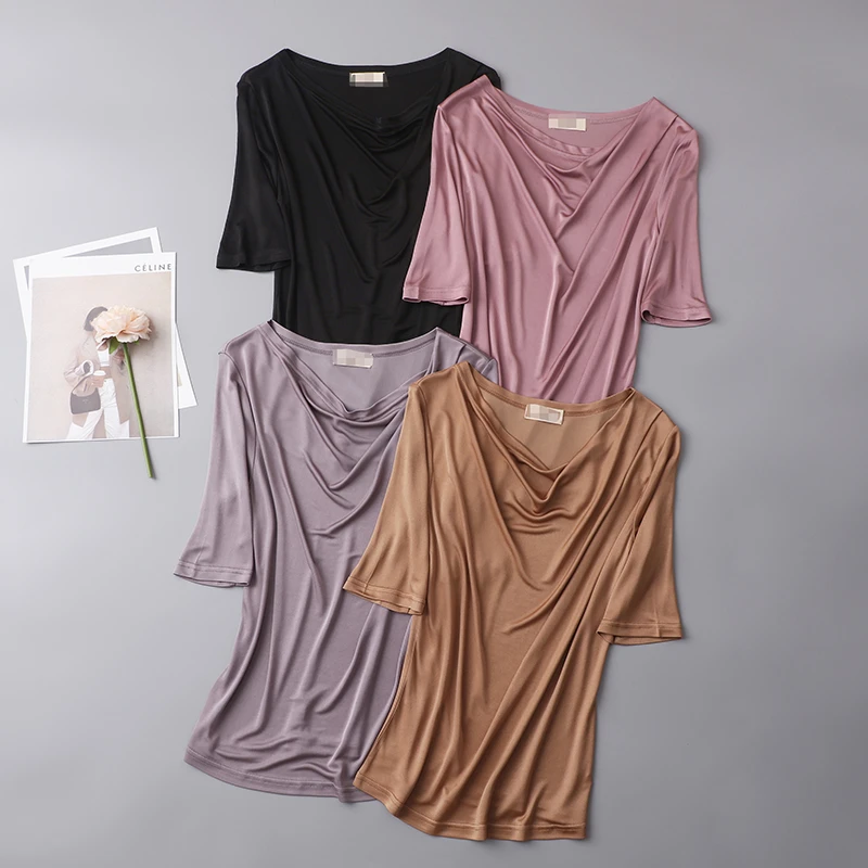 五分袖显瘦上衣 褶皱荡领T恤气质百搭桑蚕丝简约透气短袖