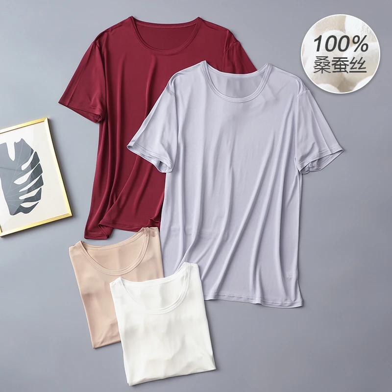 100%桑蚕丝男士休闲文化衫 针织真丝宽松圆领舒适透气短袖上衣