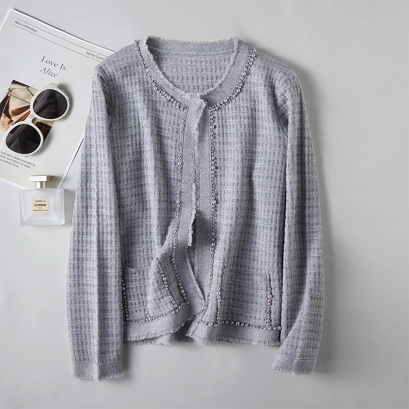 高级钉珠小香风桑蚕丝外套优雅流苏领边时尚百搭桑蚕丝圆领上衣