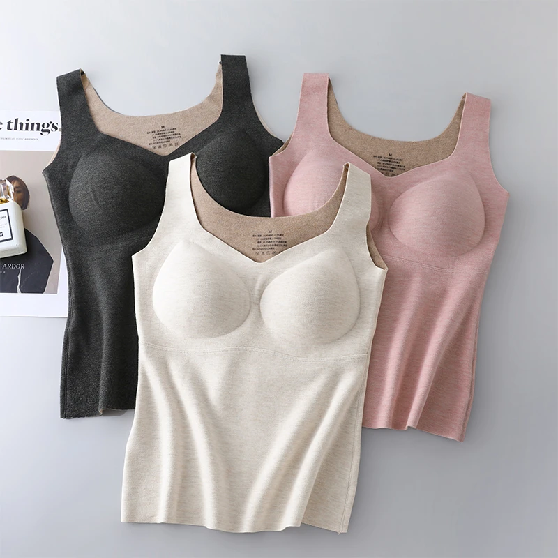 秋冬女真丝羊毛发热保暖背心 免穿文胸一体舒适亲肤修身打底上衣