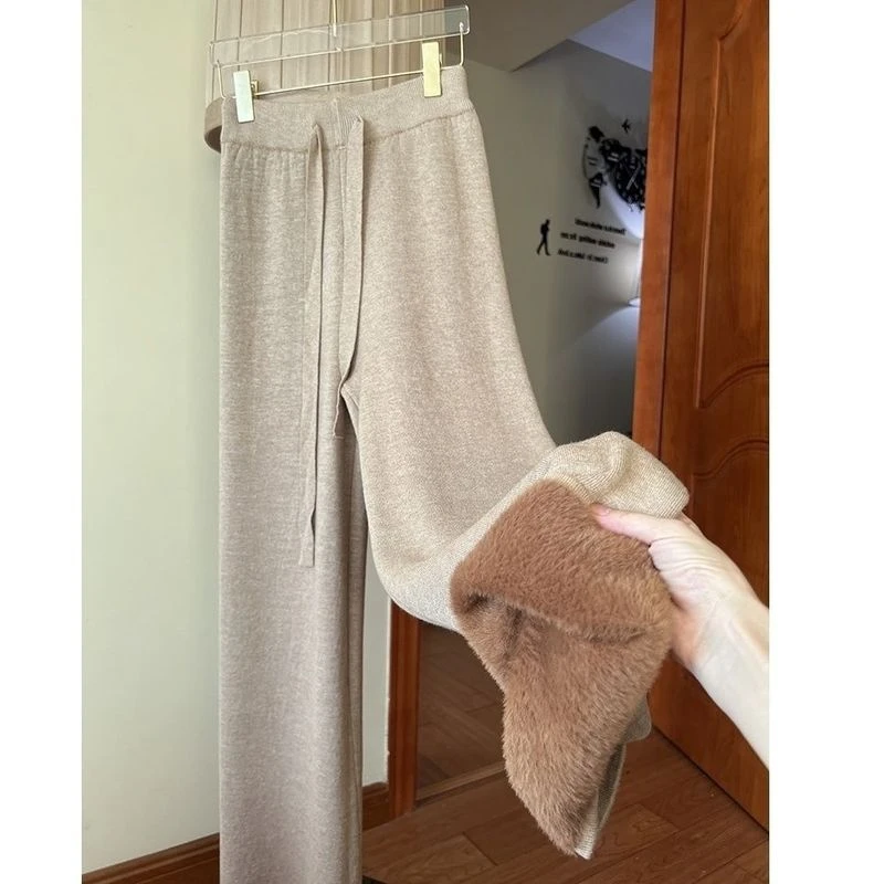 显瘦简约一体绒针织阔腿裤女秋冬高腰拖地裤加厚休闲裤直筒裤长裤