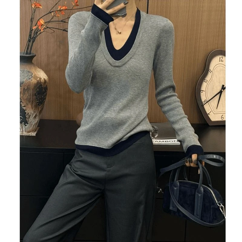 高级感假两件v领针织衫女2024初早秋新款修身气质内搭打底衫上衣