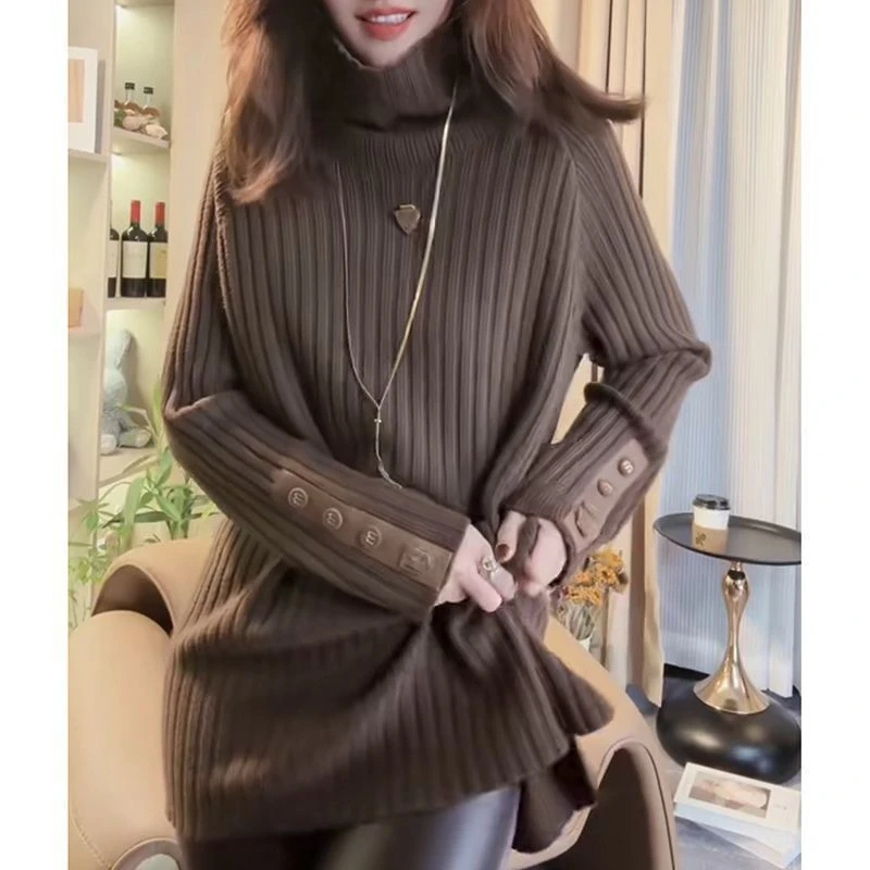 欧货2024秋冬新款高领重工皮扣宽松针织打底套头毛衣女中长款上衣