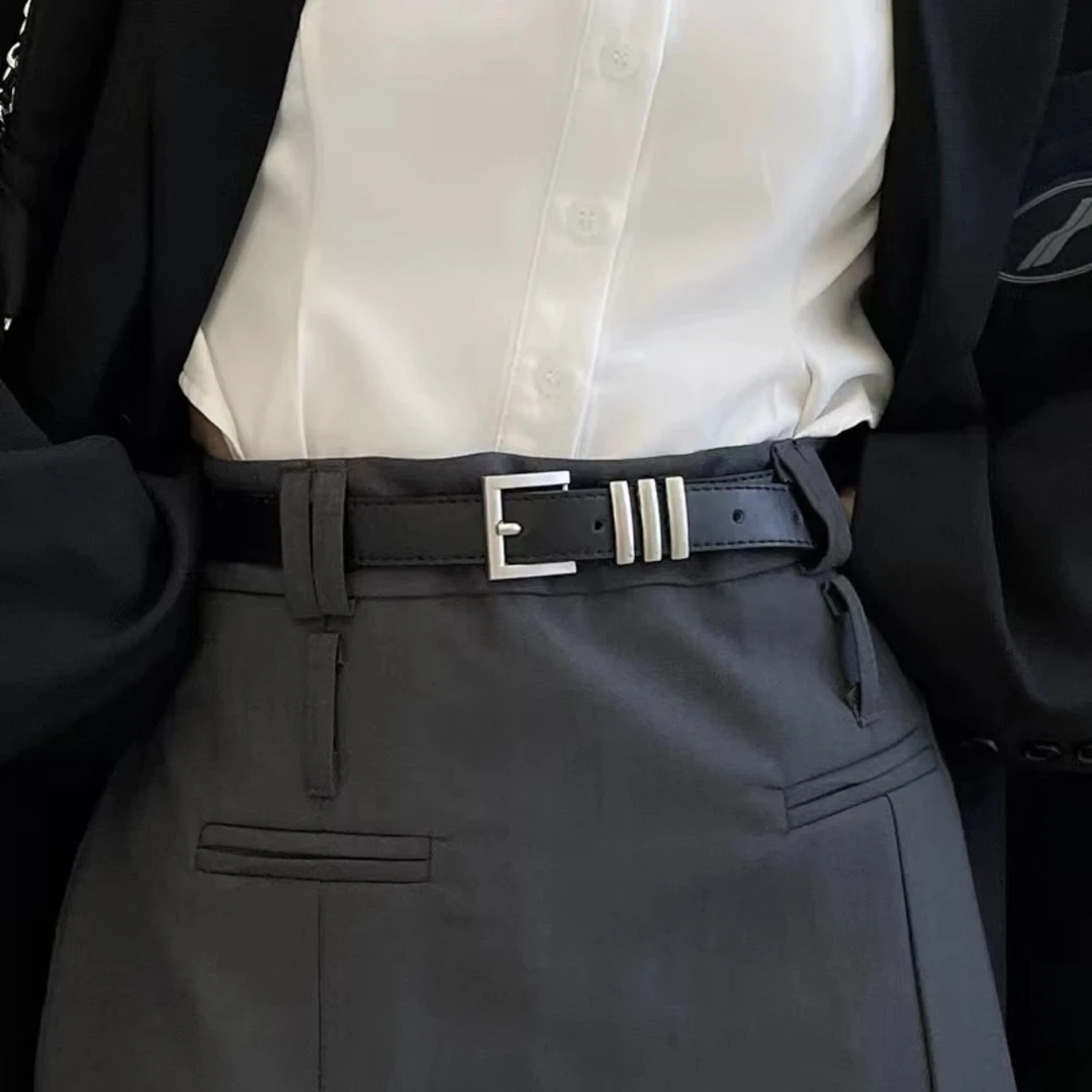 【胖丫丫】同款女式时尚复古休闲风银色针扣百搭休闲裤收腰带