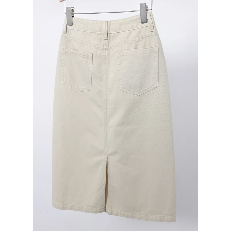 复古高腰H型显瘦百搭下摆开叉半身裙燕麦杏色中长款牛仔裙夏季