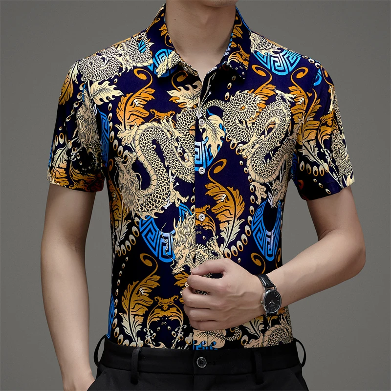 【中国风】夏季男士薄款高档冰丝短袖印花衬衫弹力透气免烫宽松休闲