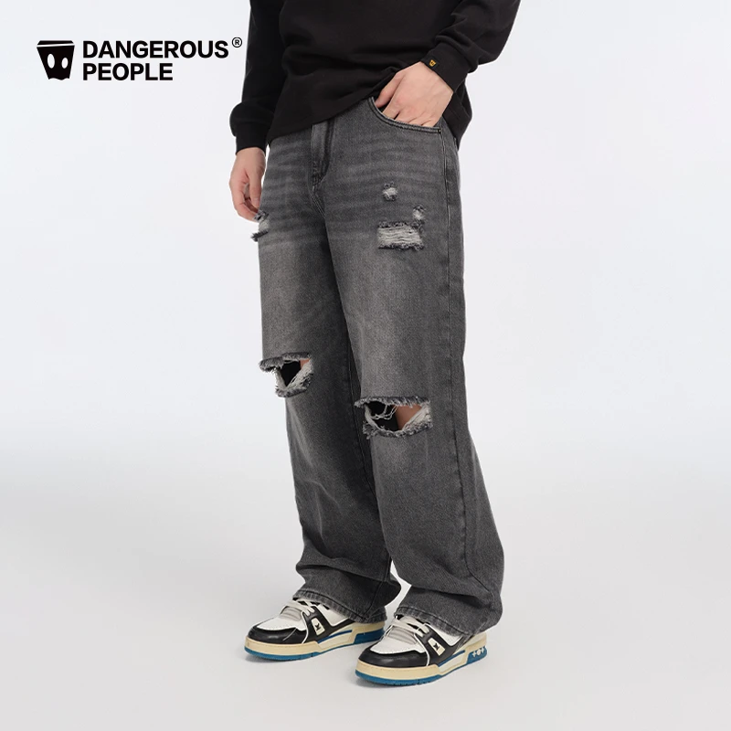 Dangerouspeople薛之谦dsp做旧破洞水洗贴布绣宽松百搭潮牛仔长裤