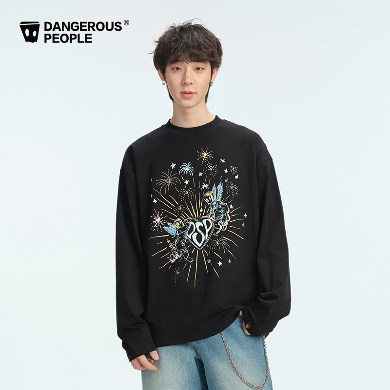 Dangerouspeople薛之谦dsp复古烟花网印潮酷宽松休闲百搭长袖T恤