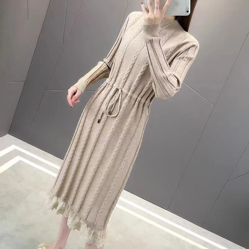 k510连衣裙女秋装中长款过膝蕾丝系带针织打底裙韩版毛衣裙