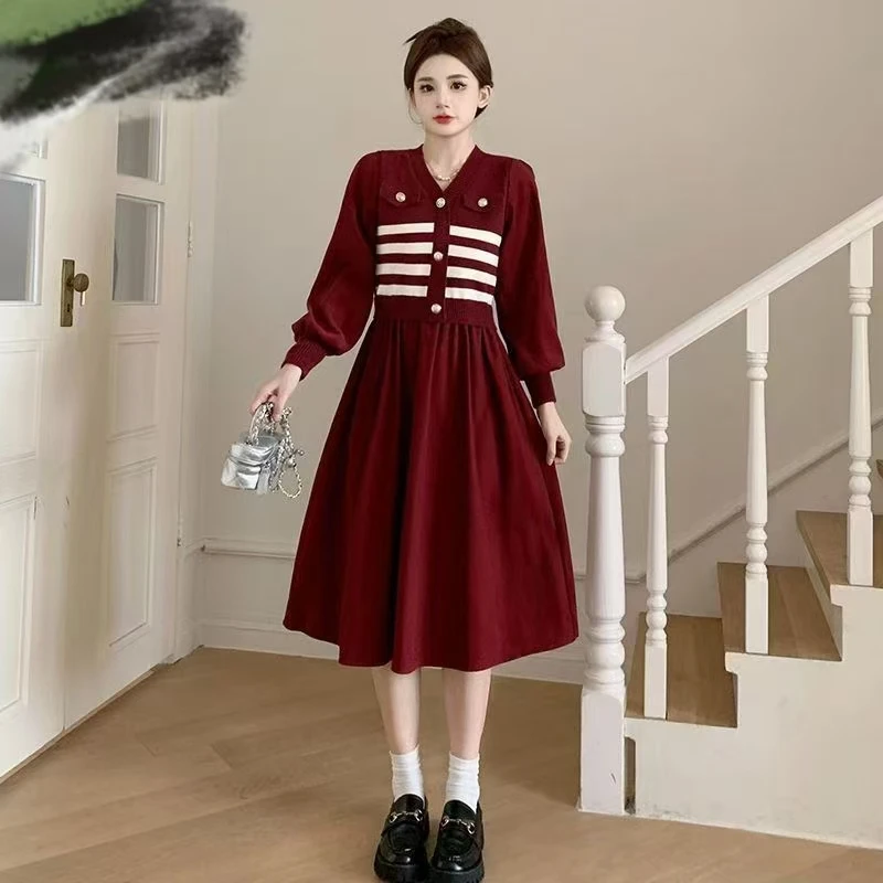 K567 领连衣裙气质假两件套泡泡袖宽松条纹时尚裙子显瘦冬