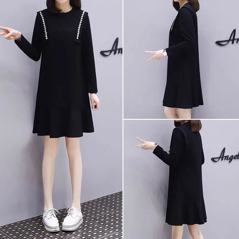k592大码气质拼接女连衣裙宽松显瘦荷叶边小黑裙