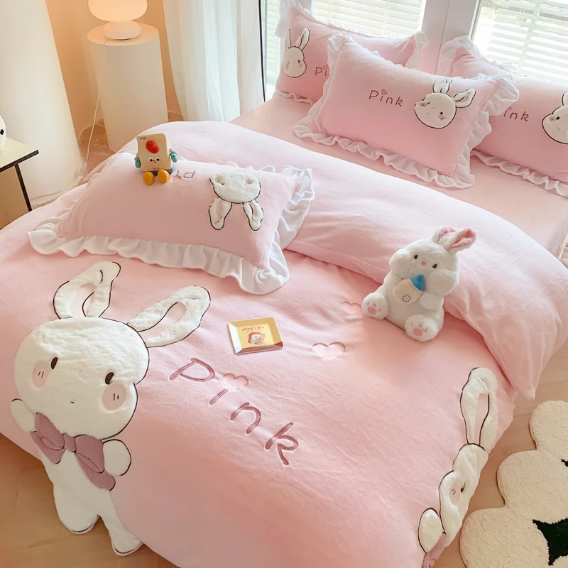 A类冬季加厚双面牛奶绒四件套床笠公主卡通可爱兔子立体刺绣被套