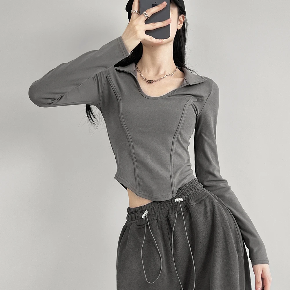 弧形下摆收腰显瘦长袖t恤女秋季设计感U型领短款鱼骨打底小衫上衣