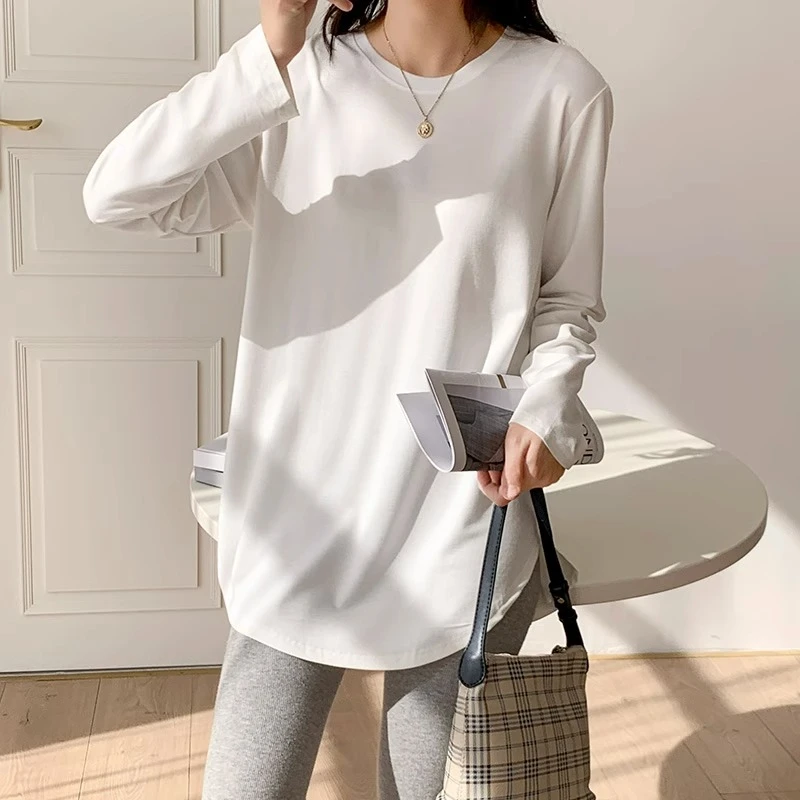 白色中长款下摆开叉长袖T恤女早秋新款设计感圆领宽松打底衫上衣