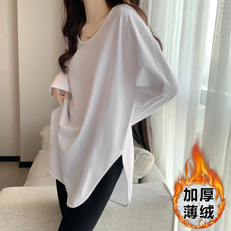中长款圆领加绒白t长袖女秋冬不规则开叉加厚宽松显瘦打底衫上衣