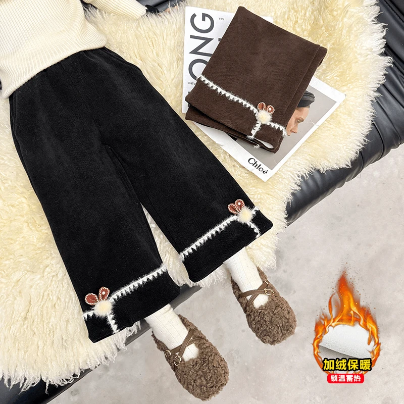 女童加绒阔腿裤2025新款儿童秋冬装一体绒加厚女宝宝冬季休闲裤子